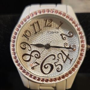 Betsey Johnson White Watch with Pink Crystal Accents